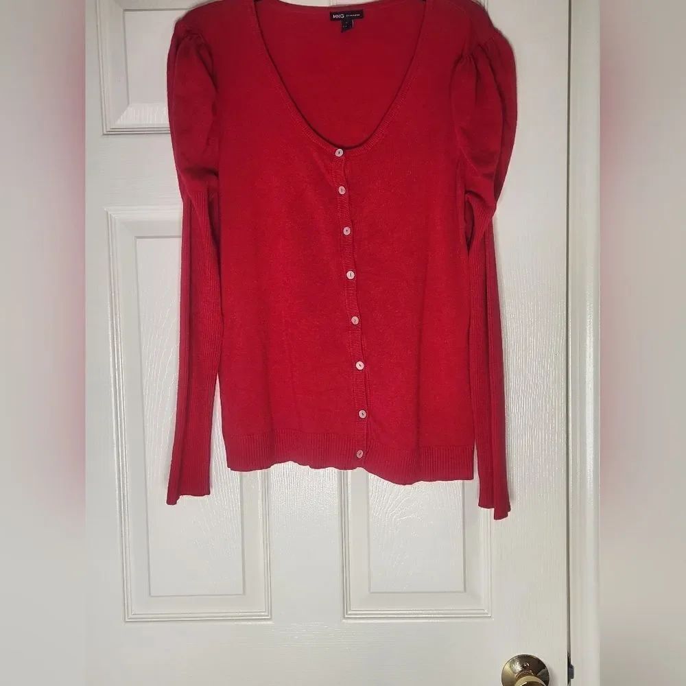 MNG by Mango XL Red VISCOSE Blend Puff Sleeve Buttons Up Women Cardigan Sweater